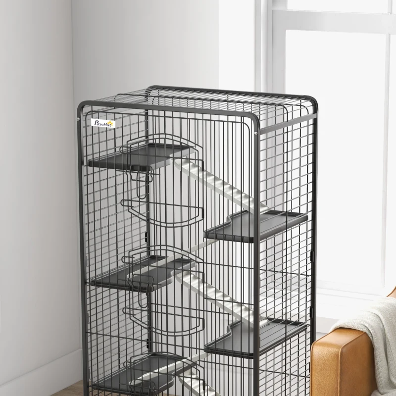 PawHut Cușcă pentru Animale Mici și Rozătoare cu Roți, 5 Rampe și 5 Platforme, 61.5x44x131 cm, Negru