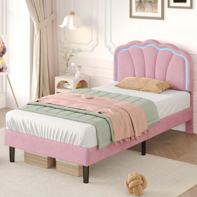 Single Upholstered Bed with LED Adjustable Shell Headboard, Charging Station, Perfect for Sophisticated and Modern Bedroom, 194L x 94W x 111H cm, Pink