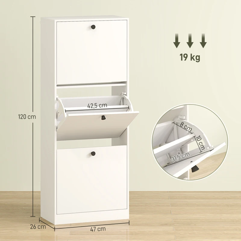HOMCOM Schuhschrank, 3 Schubladen, für bis zu 12 Paar Schuhe, Spanplatte, Weiß(m-3)