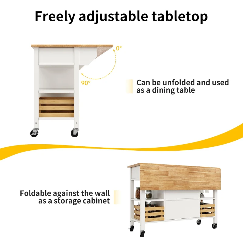 Rolling Kitchen Island Trolley with Adjustable Shelf, 3 Drawers, Spice Rack, and Folding Side Board, 120L x 45W x 90H cm, White