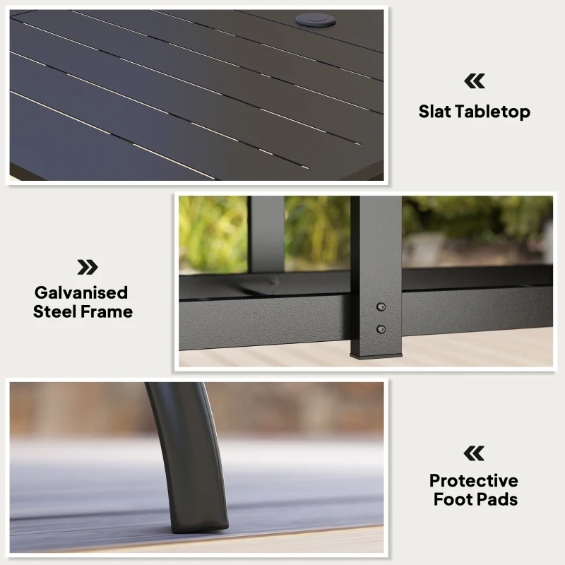 Outsunny Rectangle Garden Dining Table with Parasol Hole, Patio Table with Steel Frame and Slat Tabletop, 150cm x 90cm, Black