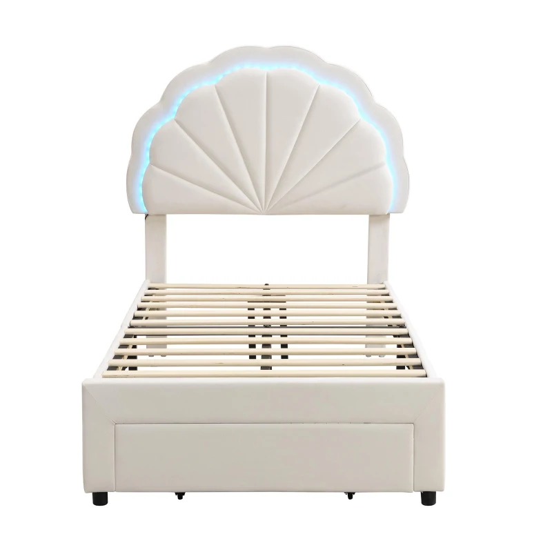 Upholstered Single Bed with Shell Backrest, LED Light Strips, Storage Drawer, Perfect for Sophisticated and Modern Bedroom, 200L x 91W x 114.5H cm, Beige