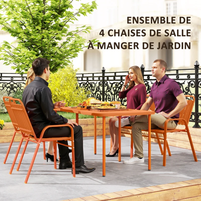 Outsunny Lot de 4 chaises de jardin chaises empilables d'extérieur avec haut dossier et accoudoirs cadre en acier 56x66x91cm orange