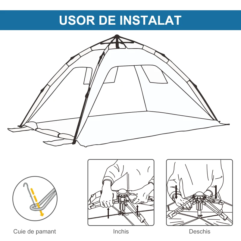 Outsunny Cort de Plajă cu Ferestre și Uşă cu Fermoar, 220x173x120 cm, Albastru