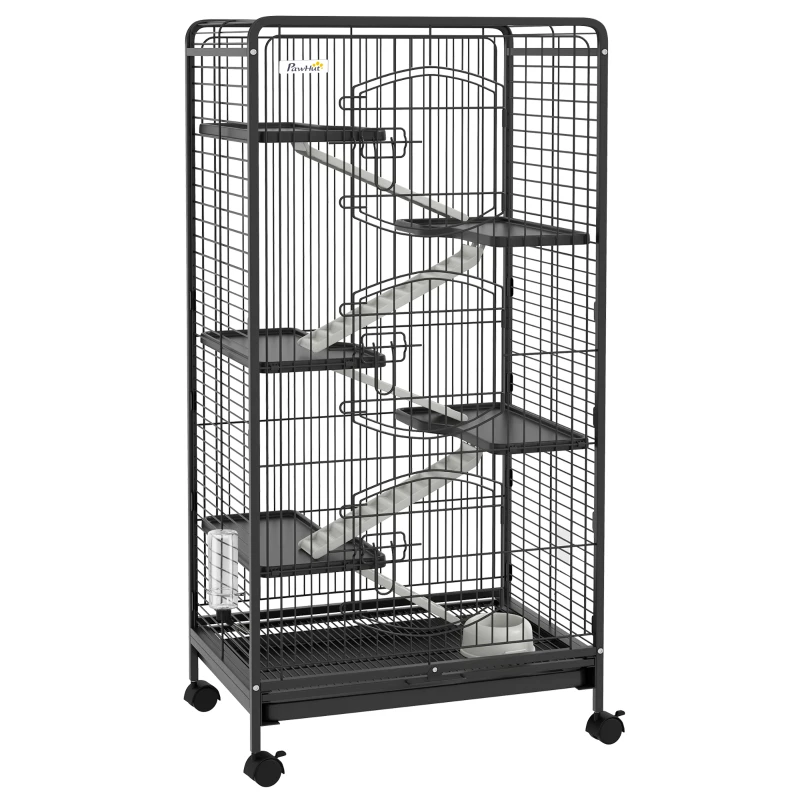 PawHut Cușcă pentru Animale Mici și Rozătoare cu Roți, 5 Rampe și 5 Platforme, 61.5x44x131 cm, Negru