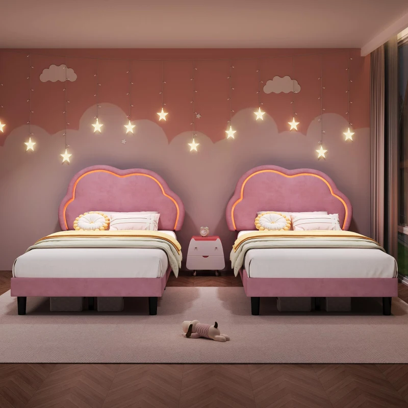 Single Upholstered Bed with Adjustable Cloud Headboard and RGB LED, Perfect for Sophisticated and Modern Bedroom, 194L x 106W x 118H cm, Pink