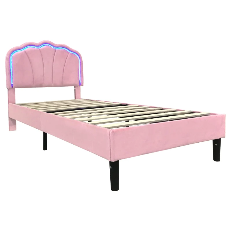 Single Upholstered Bed with LED Adjustable Shell Headboard, Charging Station, Perfect for Sophisticated and Modern Bedroom, 194L x 94W x 111H cm, Pink