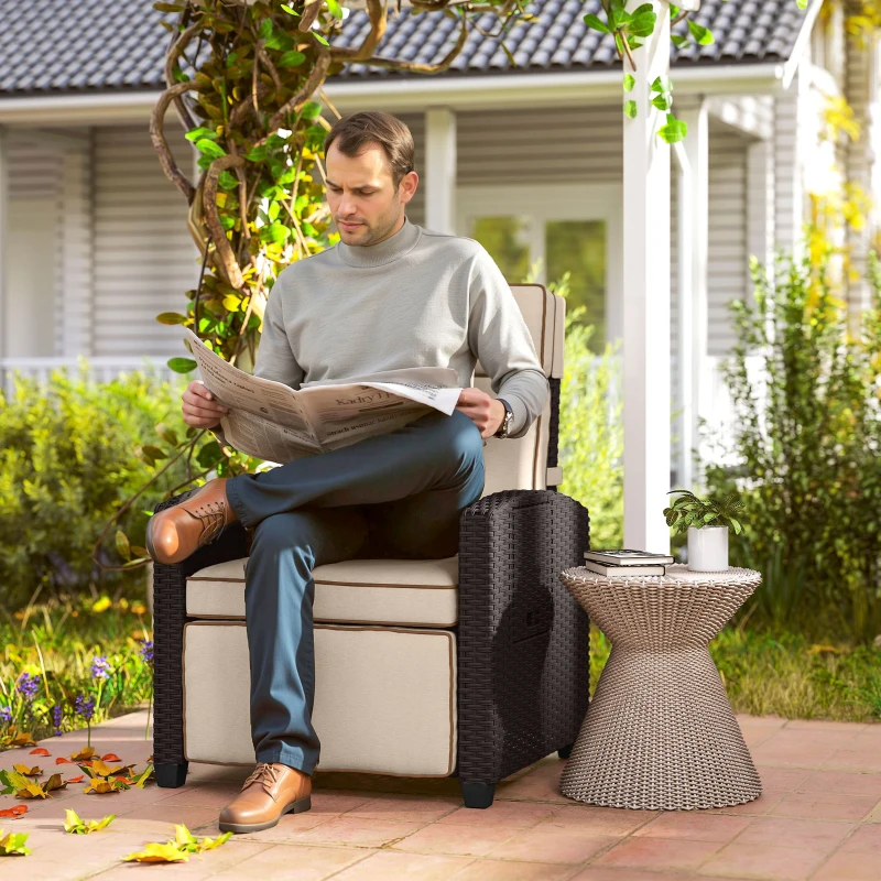 Outsunny 145° Reclining Rattan Armchair, with Footrest - Brown/Khaki