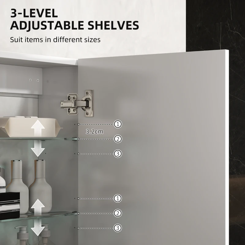 HOMCOM Dulap de Perete pentru Baie cu Rafturi Reglabile din Sticlă Securizată, 40x15x55 cm, Alb lucios