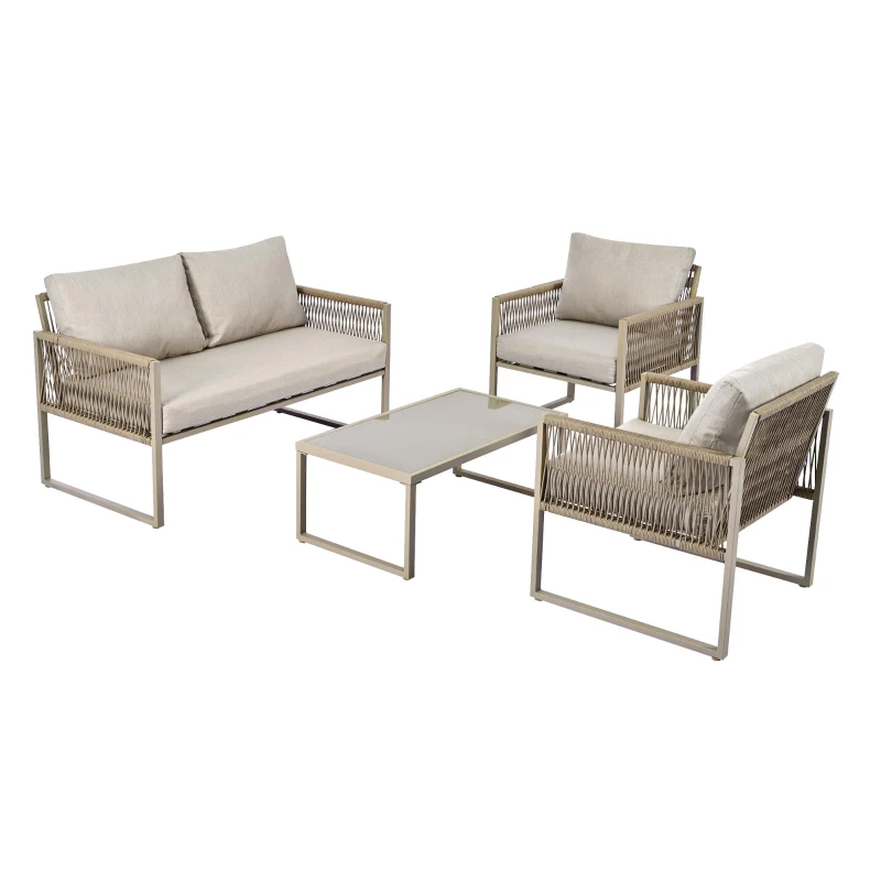 Modern Hand-Woven Sofa Set with Glass Coffee Table, Thick Cushions, Outdoor Garden Lounge Set for 4 People, 126L x 65W x 72H cm, Khaki