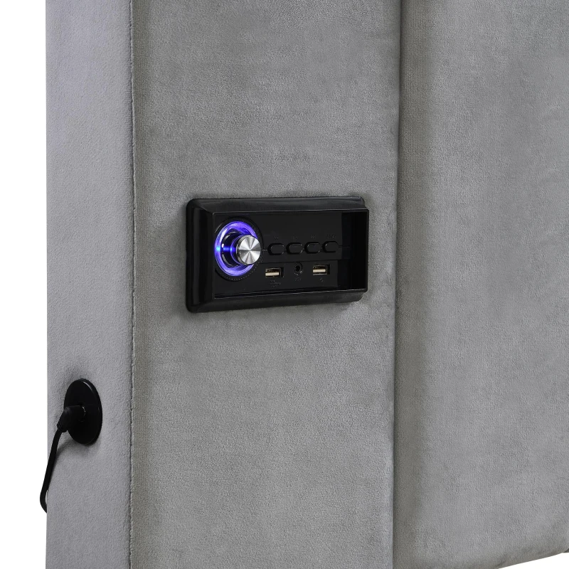 Upholstered King Size Bed with Stereo and Charging Ports, Velvet and Iron Frame, 218L x 182W x 103H cm, Grey