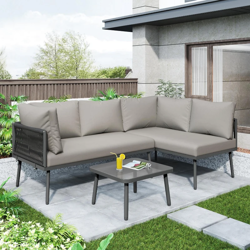 Modern Space-Saving L-Shaped Corner Sofa with Glass Coffee Table, Outdoor Garden Lounge Set for 4-5 People, 120L x 60W x 86H cm, Grey