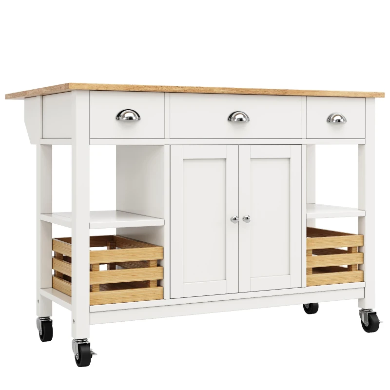 Rolling Kitchen Island Trolley with Adjustable Shelf, 3 Drawers, Spice Rack, and Folding Side Board, 120L x 45W x 90H cm, White