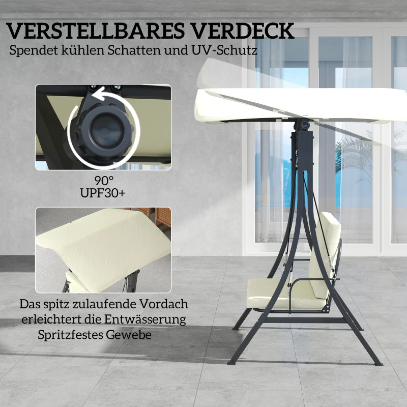 Outsunny Hollywoodschaukel mit verstellbarem Sonnendach Sitzauflage, 2-Sitzer bis 220kg 150x120x182cm, Cremeweiß(m-4)