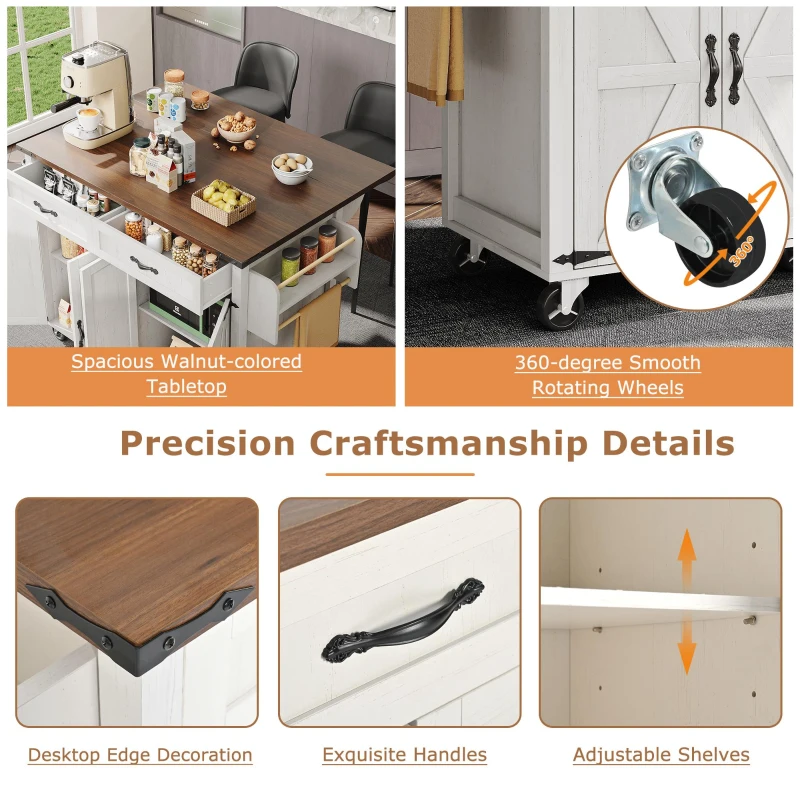 Farmhouse Style Kitchen Island Trolley with Adjustable Shelf, Cabinets and Drawers, Modern Rolling Storage Cabinet, 140L x 73W x 90.5H cm, White