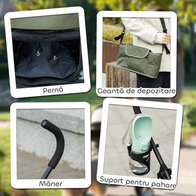 PawHut Cărucior Pliabil pentru Câini cu Lese, Geantă de Depozitare și Suport pentru Pahare, 76x44x103 cm, Verde