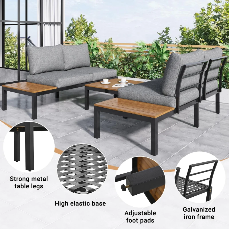 Space-Saving L-Shaped Corner Sofa with Wooden Table, Iron Frame, Outdoor Garden Lounge Set for 4 People, 145L x 60W x 80H cm, Grey