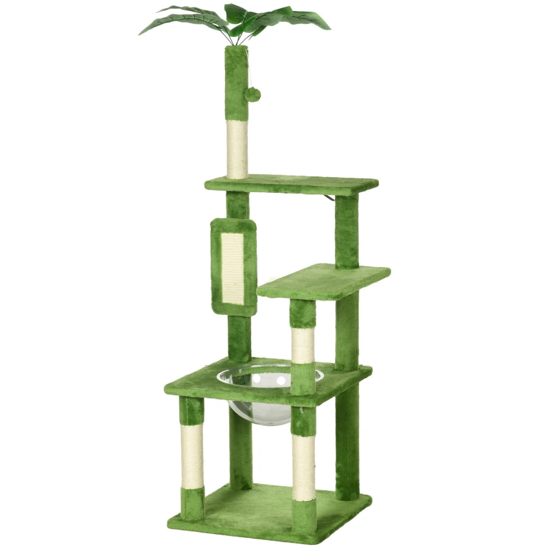 PawHut Albero per Gatti Multilivello con Amaca, Tiragraffi, Pallina e Foglie Decorative, 49x49x142 cm, Verde