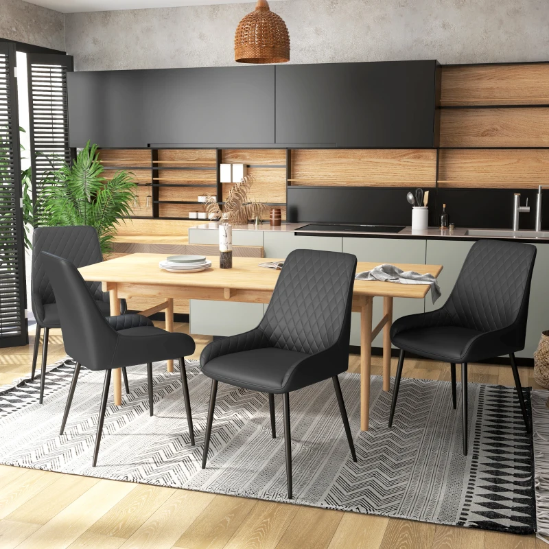 HOMCOM Set 4 Scaune de Dining Tapițate cu Spătar Înalt, Picioare din Oțel și Piele Ecologică, 49x60x89 cm, Negru