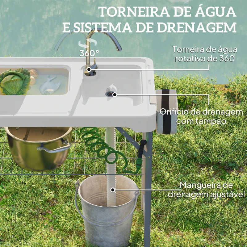 Outsunny Mesa para Campismo Dobrável Mesa com 2 Lavatórios Mangueira de Drenagem Estação de Limpeza 108x58x92 cm Branco