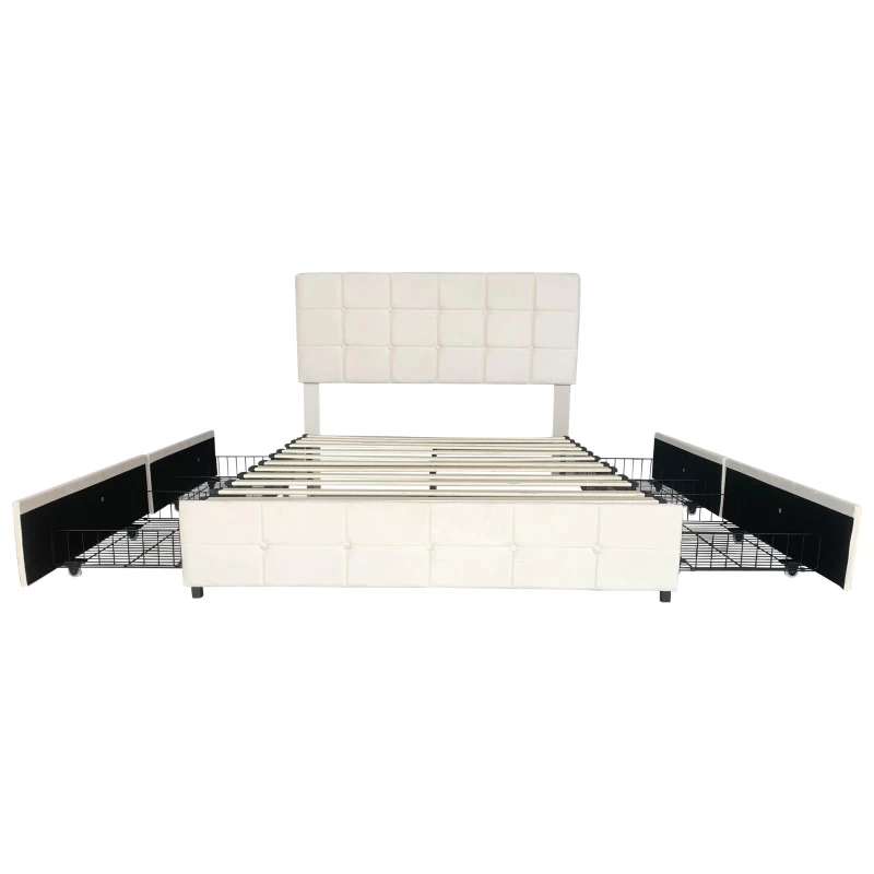 Double Upholstered Bed with 4 Storage Drawers and Charging Station, Adjustable Button Tufted Headboard, Velvet Frame, 195L x 142W x 108H cm, Beige