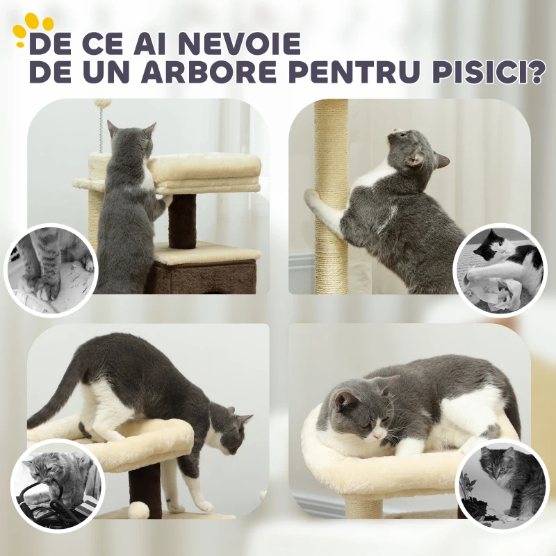 PawHut Ansamblu de Joacă pentru Pisici cu 2 Căsuțe, Pat, Platforme de Sărit și Minge de Joacă, 55x48x107 cm, Multicolor