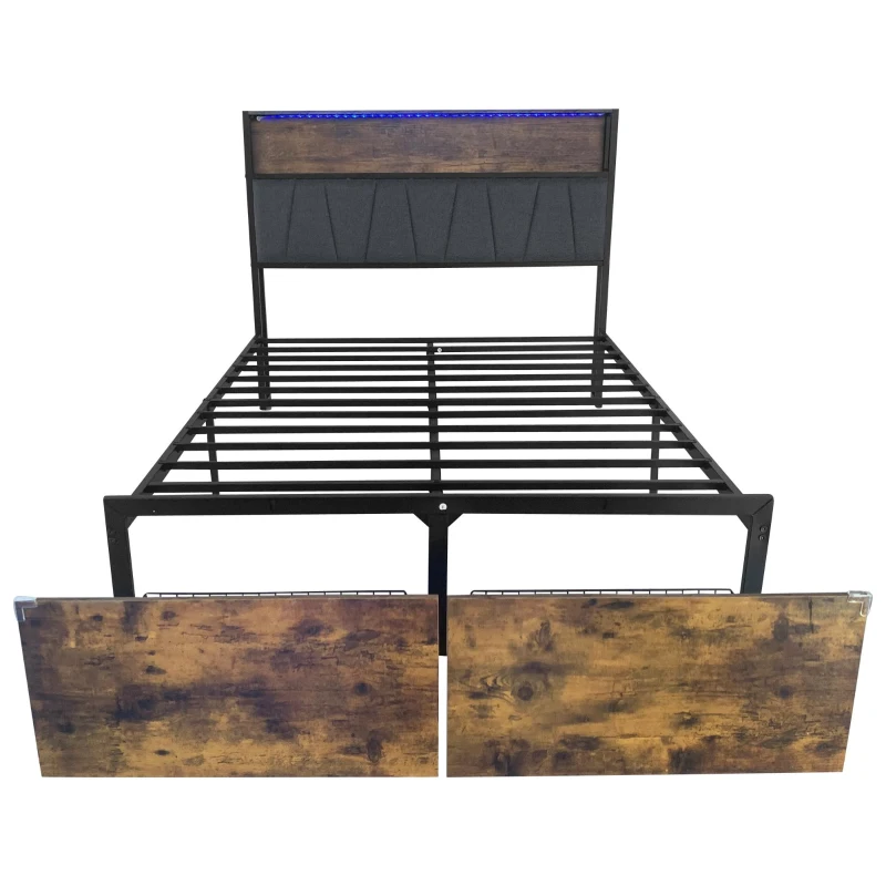 Double Bed Frame with Storage Drawers, RGB LED Headboard and Charging Station, 205L x 136W x 116H cm, Black + Dark Walnut