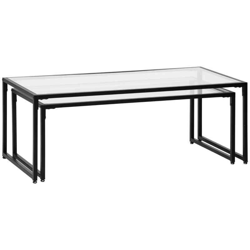 HOMCOM Lot de 2 tables basses gigognes tables de salon rectangulaires design en acier noir et plateaux en verre trempé