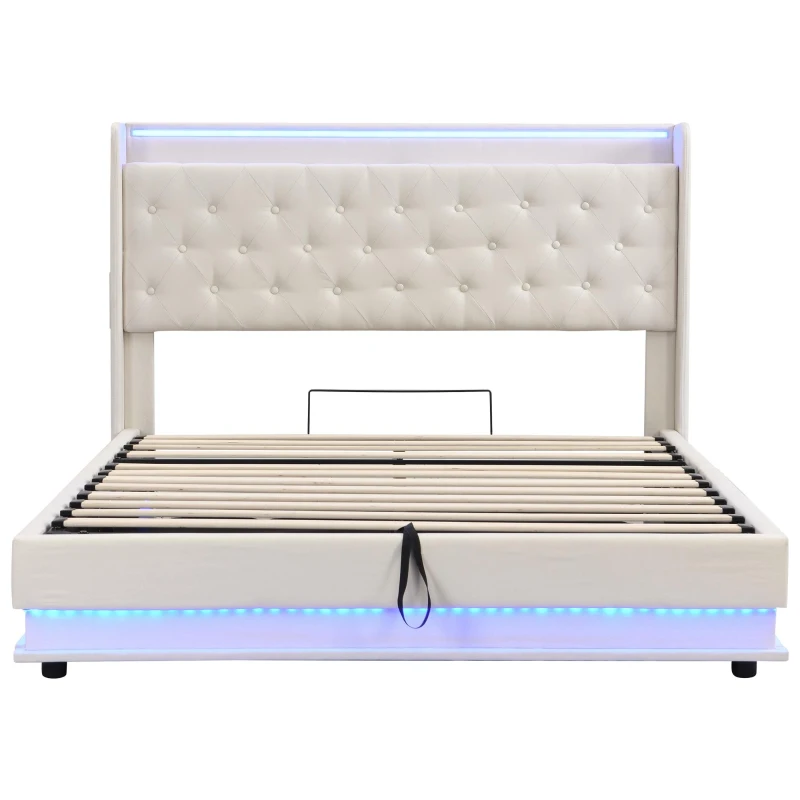 King Upholstered Bed Frame with Hydraulic Storage, LED Lighting and Charging Station, Linen Ottoman Bed with USB and Type-C Ports, 212L x 156W x 113H cm, Beige