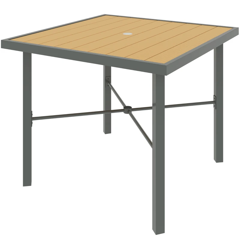 Outsunny Garden Table, 90cm Square Outdoor Patio Dining Table with 4.2 cm Umbrella Hole, Metal Frame, Wood Effect Top, for Terrace, Balcony, Natural Wood Finish