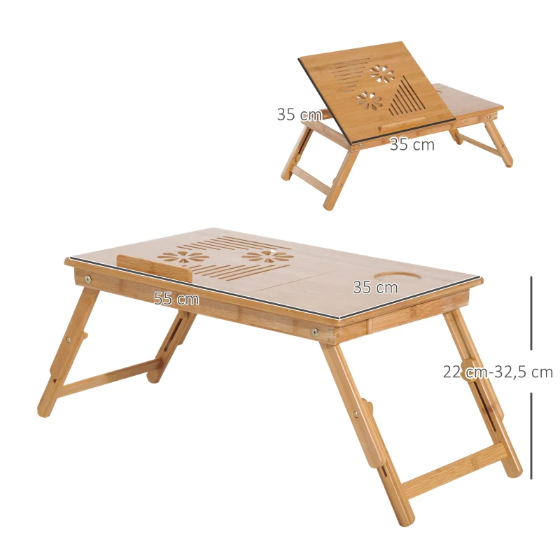 HOMCOM Table de lit plateau pour ordinateur en bois de bambou plateau inclinable pliable réglable en hauteur naturel