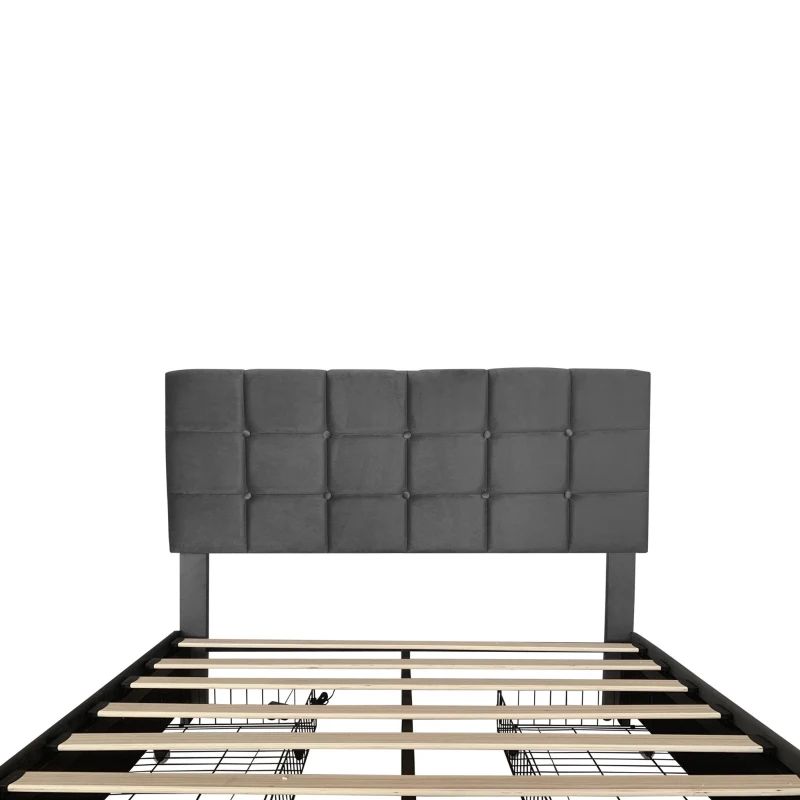 Double Upholstered Bed with 4 Storage Drawers and Charging Station, Adjustable Button Tufted Headboard, Velvet Frame, 195L x 142W x 108H cm, Grey