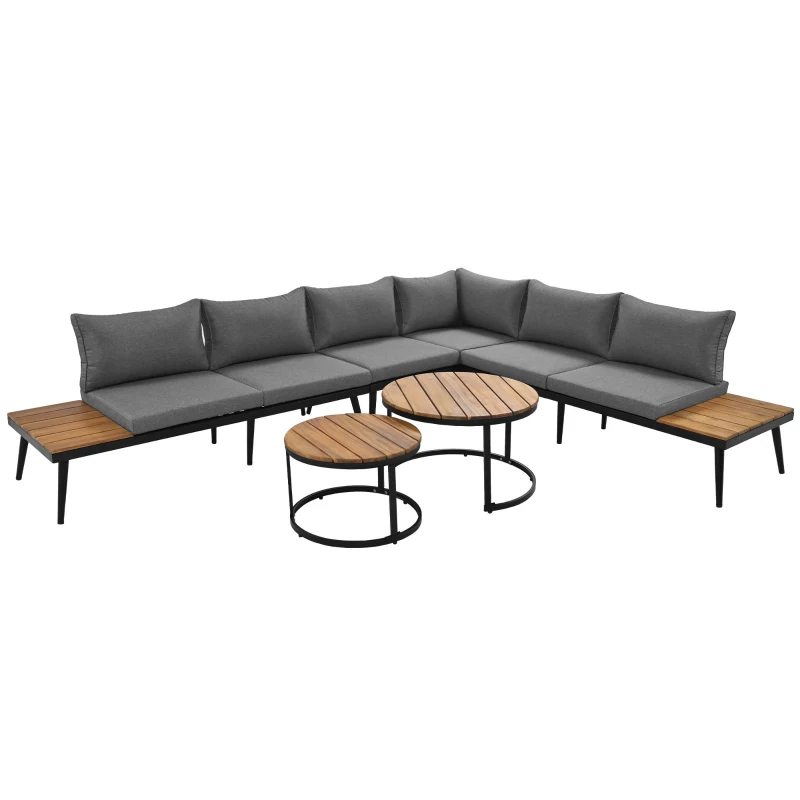 6-Piece Garden Lounge Set with Acacia Wood Tables, Galvanised Iron Frame, Ideal for Indoor and Outdoor Use, 160L x 64W x 75H cm, Grey