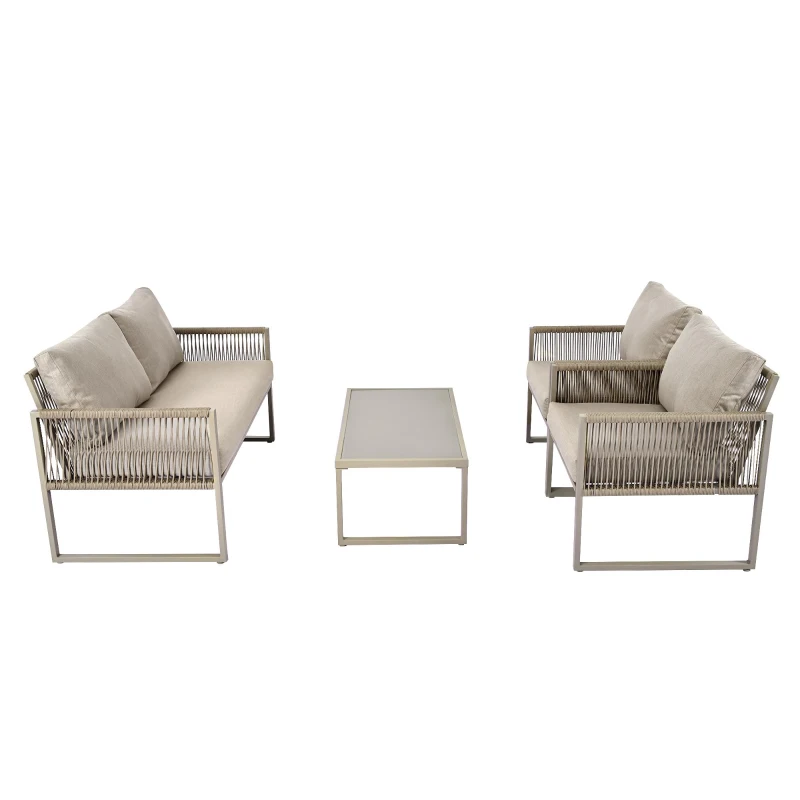 Modern Hand-Woven Sofa Set with Glass Coffee Table, Thick Cushions, Outdoor Garden Lounge Set for 4 People, 126L x 65W x 72H cm, Khaki