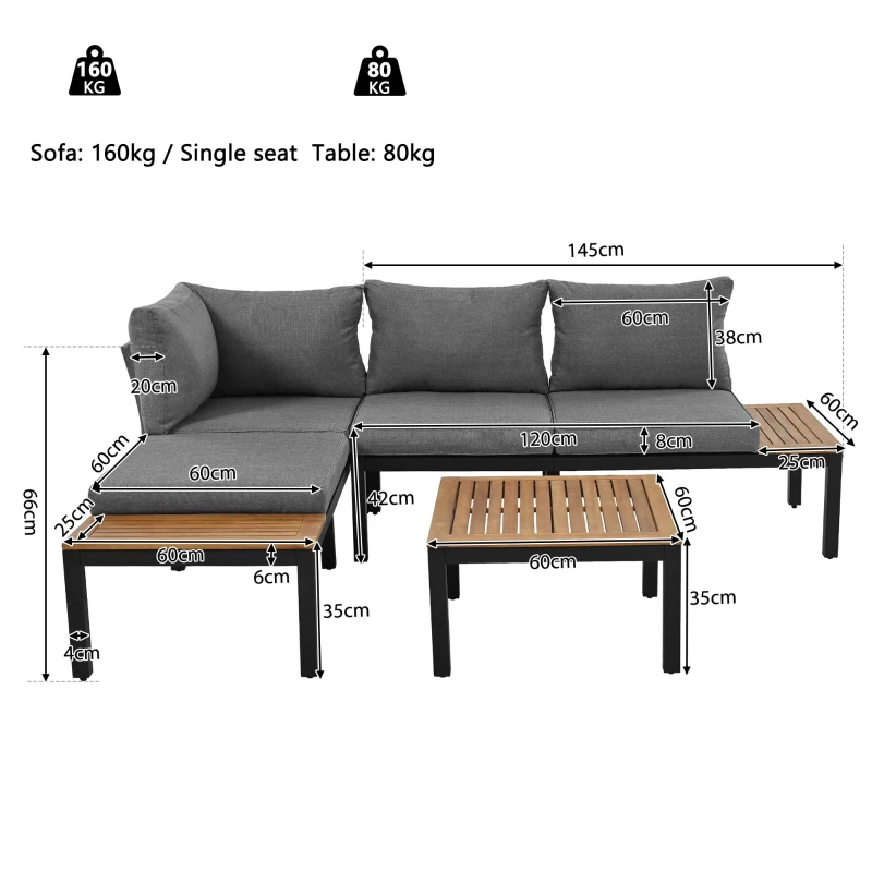 Space-Saving L-Shaped Corner Sofa with Wooden Table, Iron Frame, Outdoor Garden Lounge Set for 4 People, 145L x 60W x 80H cm, Grey