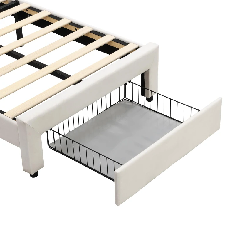 Upholstered Single Bed with Shell Backrest, LED Light Strips, Storage Drawer, Perfect for Sophisticated and Modern Bedroom, 200L x 91W x 114.5H cm, Beige