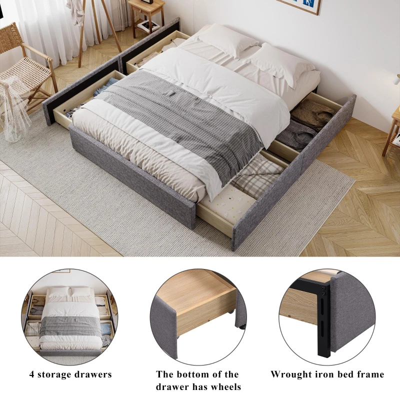 Storage Bed with 4 Drawers, Upholstered Double Bed with Iron Frame and Wooden Slats, 193.5 x 141W x 30H cm, Grey
