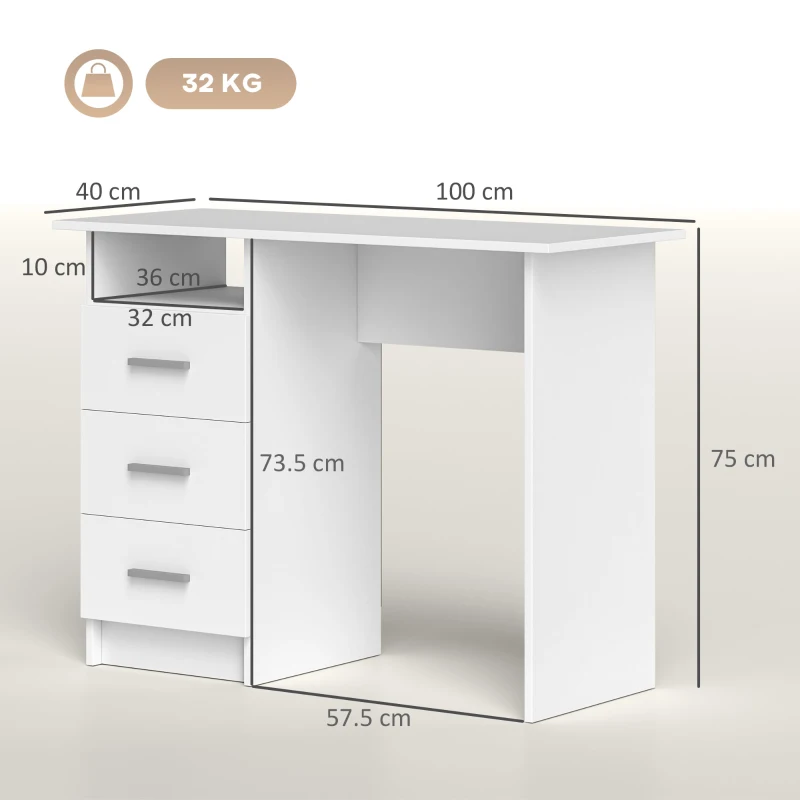HOMCOM Birou pentru Calculator cu 3 Sertare și Spațiu de Depozitare, 100x40x75 cm, Alb(m-3)