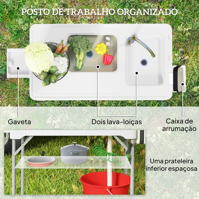 Outsunny Mesa para Campismo Dobrável Mesa com 2 Lavatórios Mangueira de Drenagem Estação de Limpeza 108x58x92 cm Branco