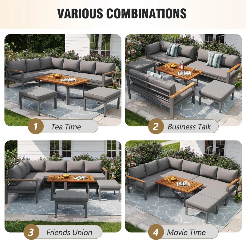 Space-Saving L-Shaped Sofa with Wooden Coffee Table, Stool Table Boxes, Outdoor Garden Lounge Set for 7-8 People, 115L x 60W x 78.5H cm, Grey