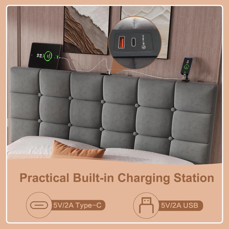 Double Upholstered Bed with 4 Storage Drawers and Charging Station, Adjustable Button Tufted Headboard, Velvet Frame, 195L x 142W x 108H cm, Grey