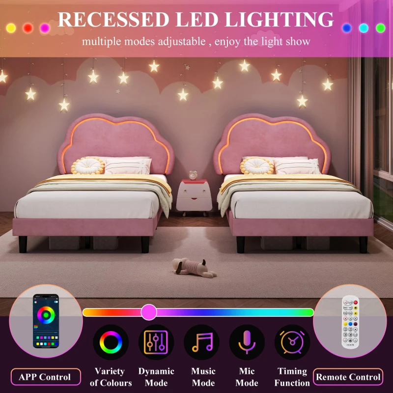 Single Upholstered Bed with Adjustable Cloud Headboard and RGB LED, Perfect for Sophisticated and Modern Bedroom, 194L x 106W x 118H cm, Pink