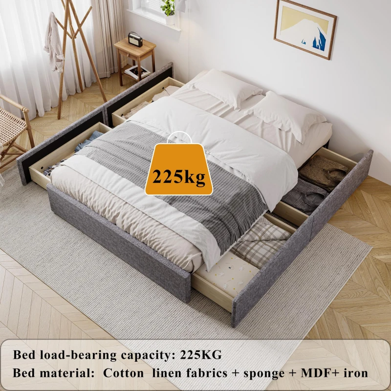 Storage Bed with 4 Drawers, Upholstered Double Bed with Iron Frame and Wooden Slats, 193.5 x 141W x 30H cm, Grey