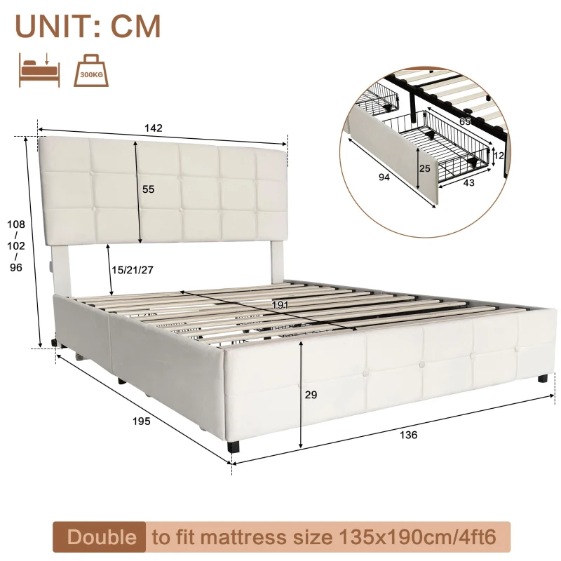 Double Upholstered Bed with 4 Storage Drawers and Charging Station, Adjustable Button Tufted Headboard, Velvet Frame, 195L x 142W x 108H cm, Beige