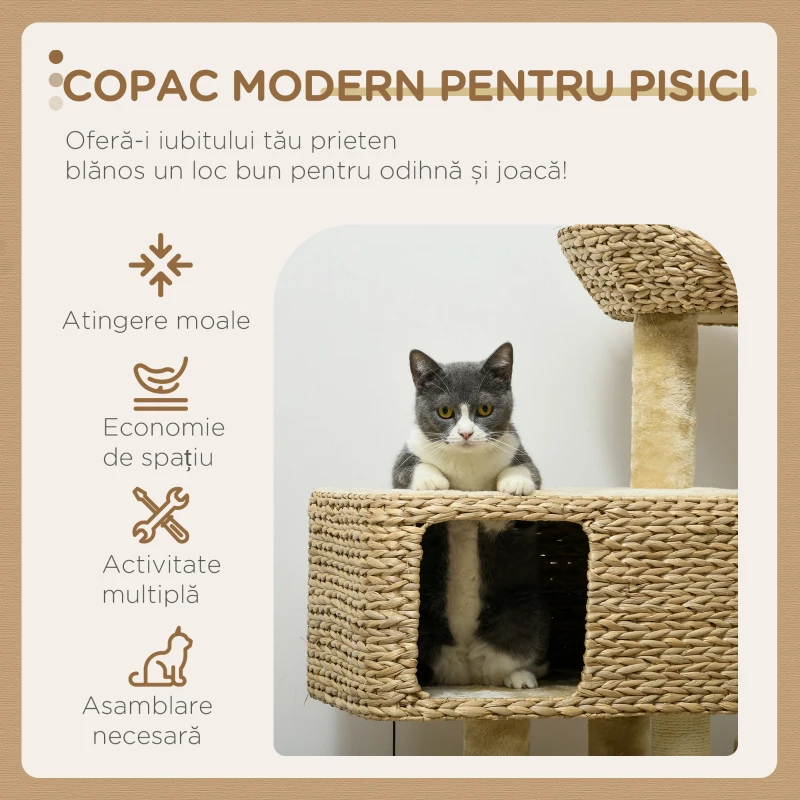 PawHut Arbore de Zgâriat pentru Pisici cu Căsuță, Stâlp și Bilă de Joc, 60x40x95 cm, Bej