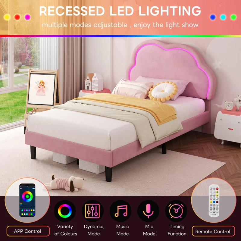 Single Upholstered Bed with Adjustable Cloud Headboard and RGB LED, Perfect for Sophisticated and Modern Bedroom, 194L x 106W x 118H cm, Pink