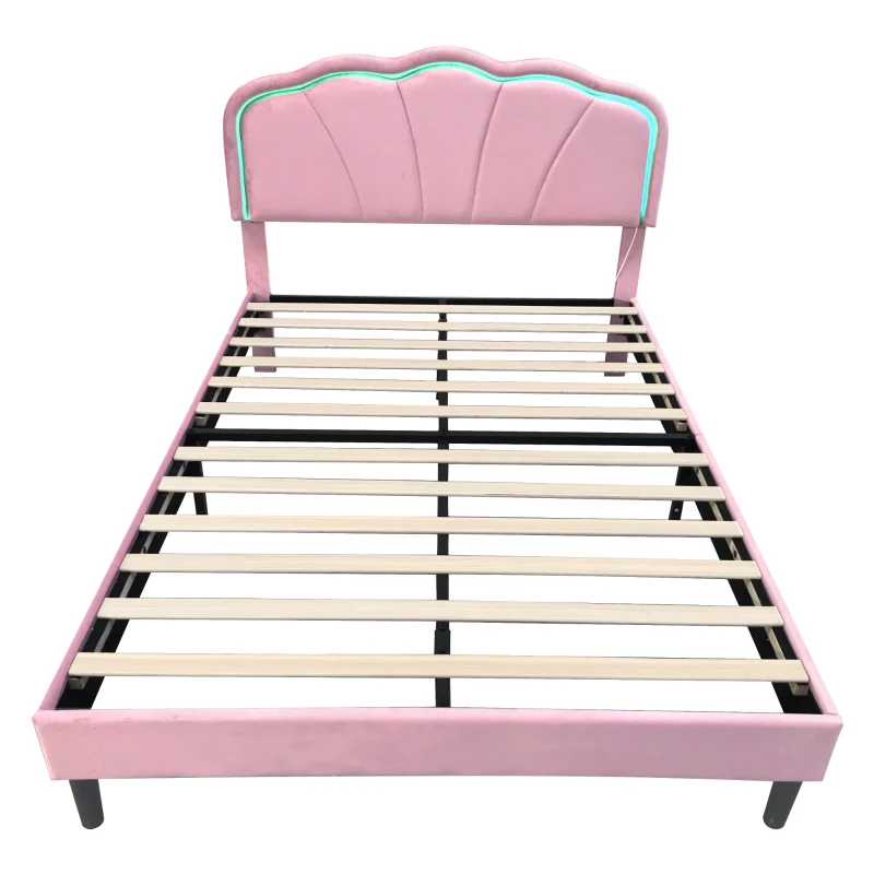 Double Upholstered Bed with LED Adjustable Shell Headboard, Charging Station, Perfect for Sophisticated and Modern bedroom, 194L x 139W x 111H cm, Pink