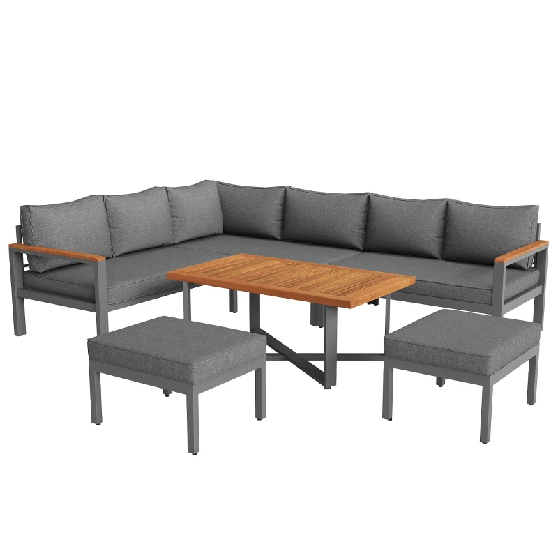 Space-Saving L-Shaped Sofa with Wooden Coffee Table, Stool Table Boxes, Outdoor Garden Lounge Set for 7-8 People, 115L x 60W x 78.5H cm, Grey