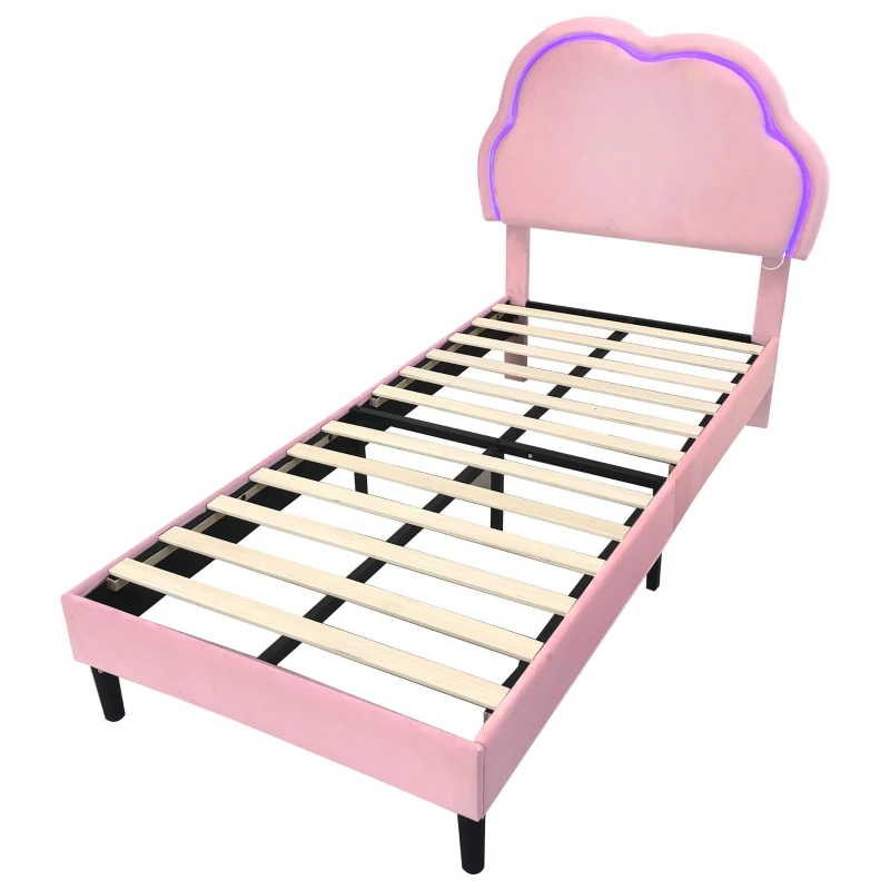 Single Upholstered Bed with Adjustable Cloud Headboard and RGB LED, Perfect for Sophisticated and Modern Bedroom, 194L x 106W x 118H cm, Pink