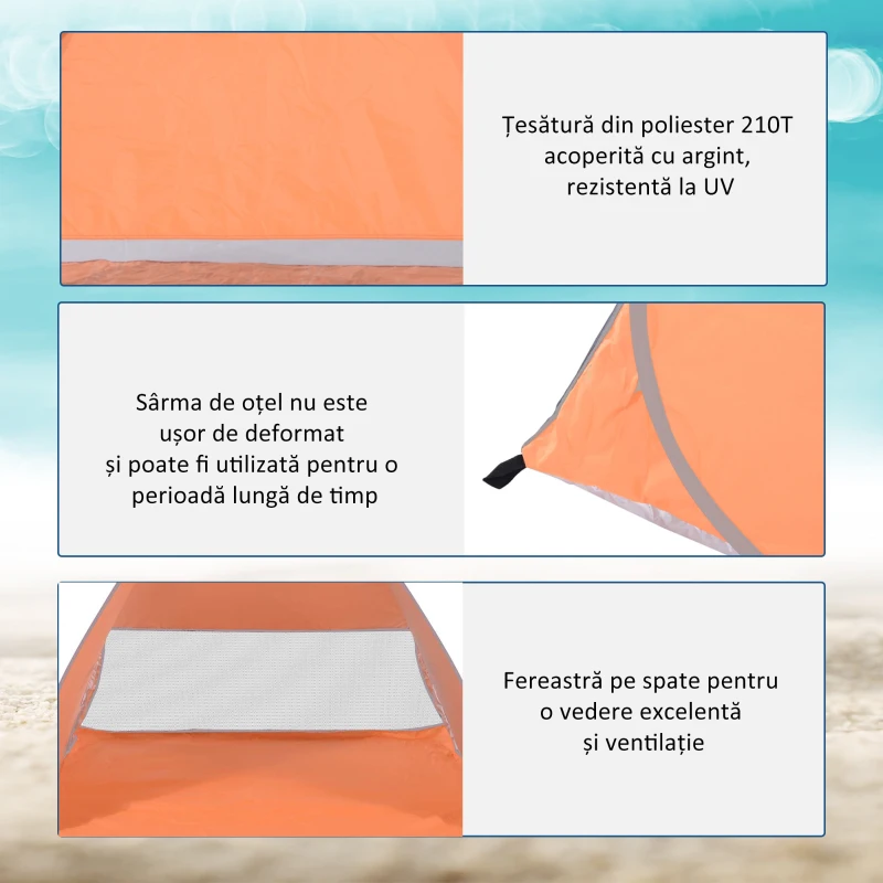 Outsunny Cort de Plajă Pop Up cu Protecție UV 30+, Fereastră și Geantă de Transport, 200x150x119 cm, Portocaliu